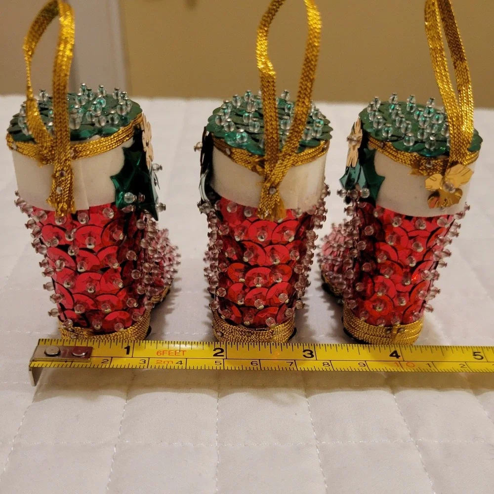 VTG Handmade Sequin Beaded Holly Santa Boot Christmas Tree Ornament Holiday Cute